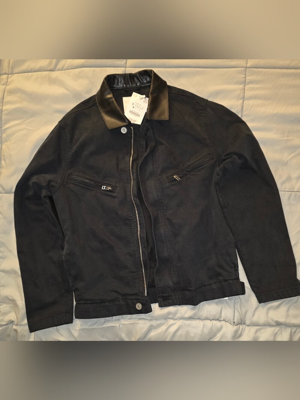 Zara Denim Jacket with Leather Collar-NWT